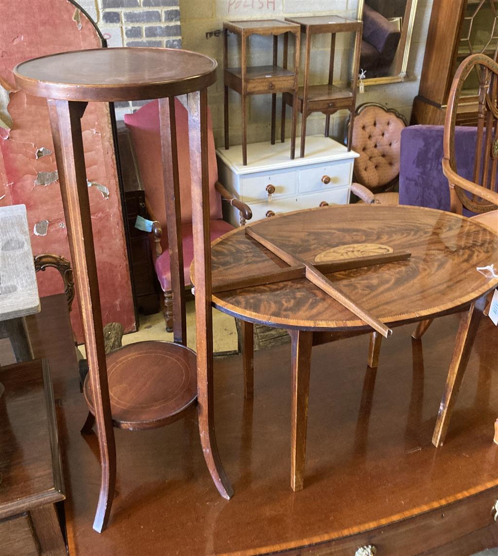 An oval marquetry inlaid mahogany occasional table, width 75cm, depth 52cm, height 50cm, together with an Edwardian two tier plant stan